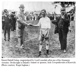 Ernest Dalzell being congratulated by Lord Lonsdale after one of his Grasmere victories. On the right is Dalzell's trainer or sponsor, Jack Cowperthwaite of Keswick. Photo courtesy Roger Ingham.
